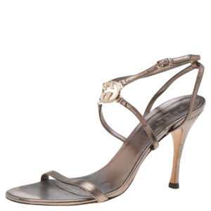 Gucci Metallic Grey Leather Ankle Strap Sandals Size 37.5