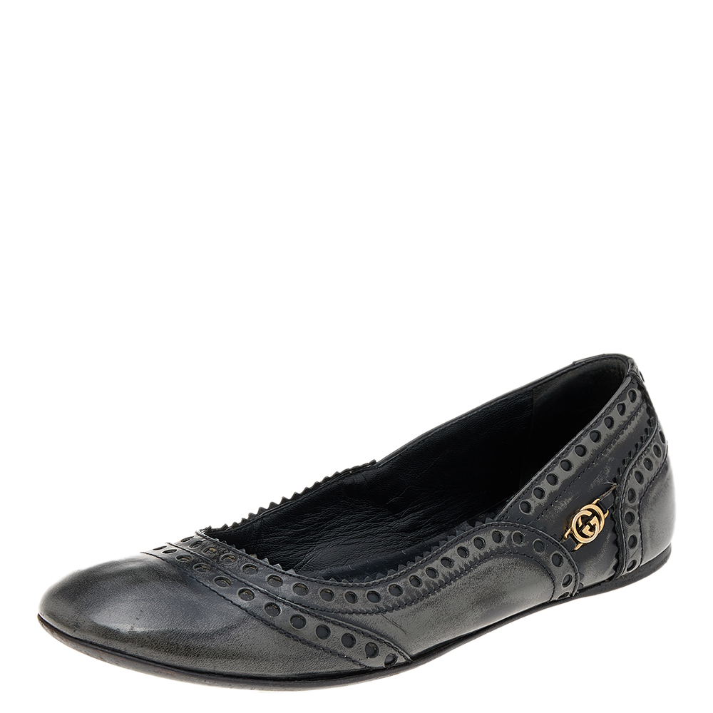 luxury-women-gucci-used-shoes-p563292-006-2 Gucci Black/Grey Brogue Leather Ballet Flats Size 35.5
