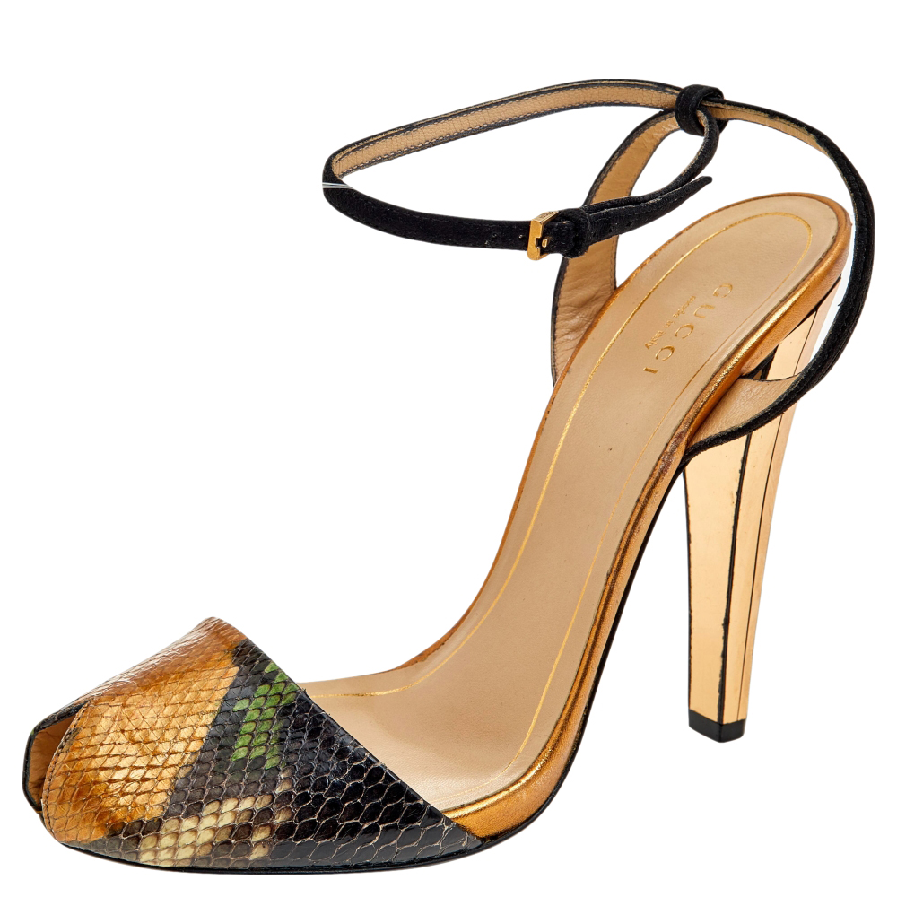 luxury-women-gucci-used-shoes-p570064-006-2 Gucci Multicolor Python Leather And Suede Ankle Strap Sandals Size 39