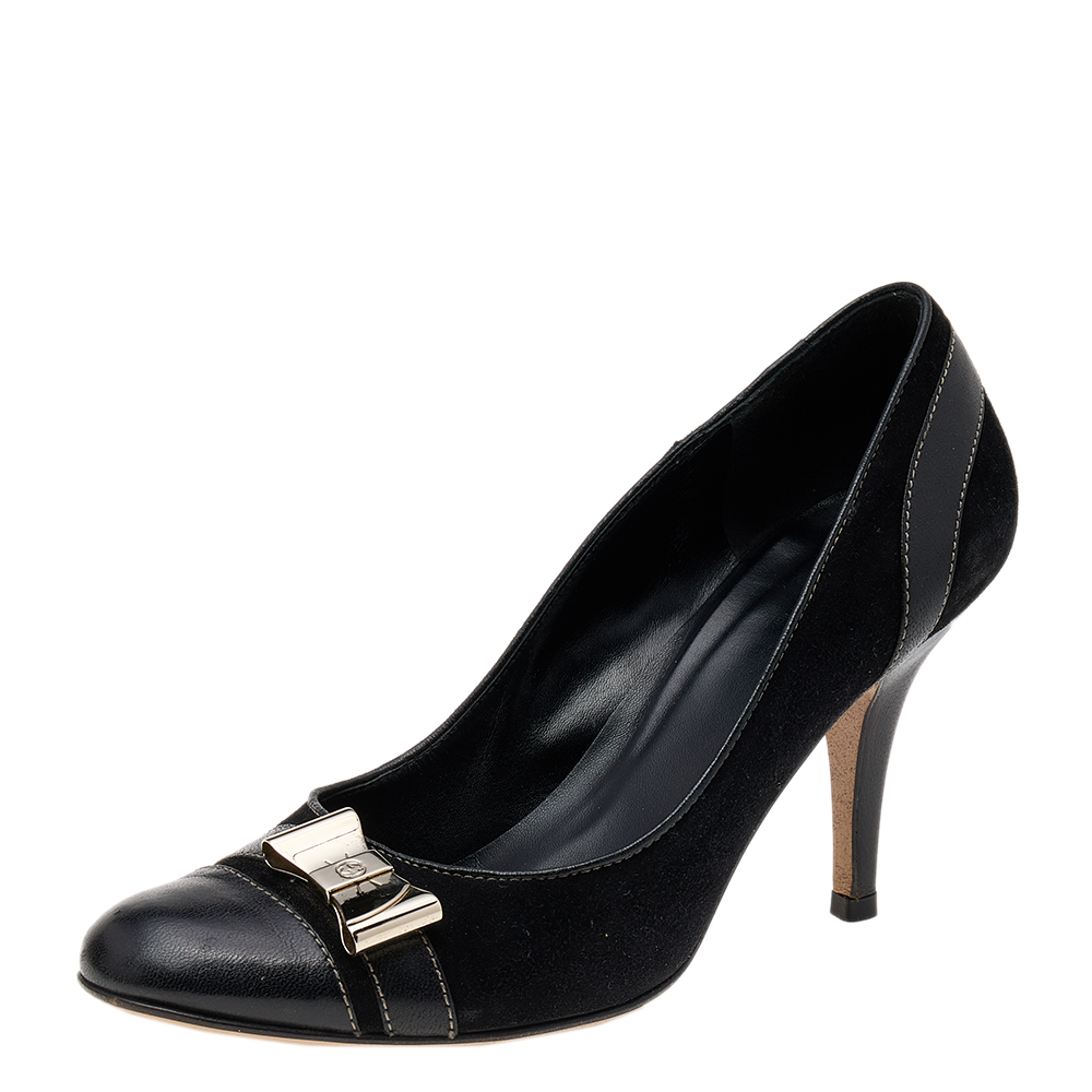 luxury-women-gucci-used-shoes-p573019-005-2 Gucci Black Suede and Leather Bow Cap Toe Pumps Size 36C