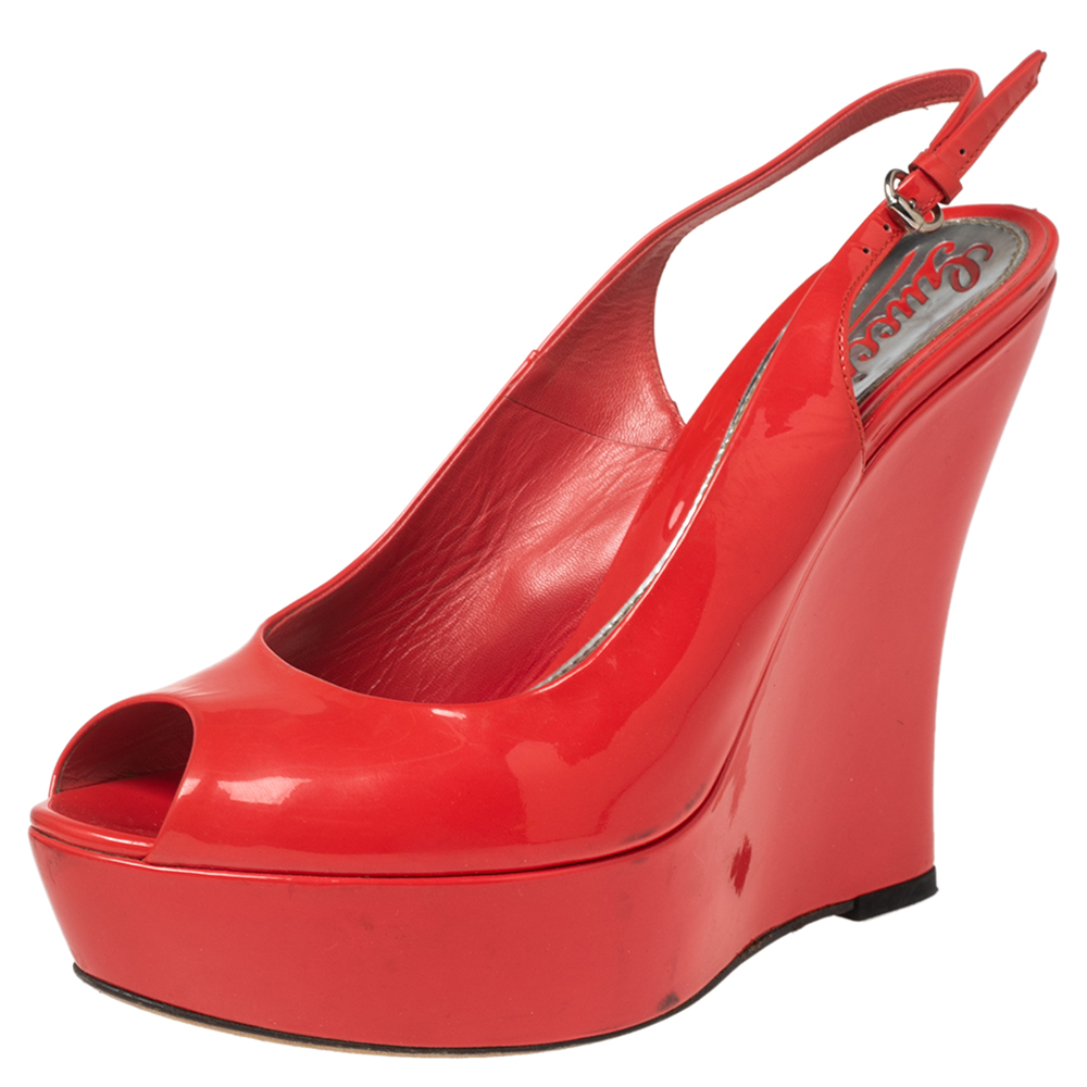 luxury-women-gucci-used-shoes-p577580-004-2 Gucci Coral Red Patent Leather Peep-Toe Slingback Wedge Sandals Size 37.5