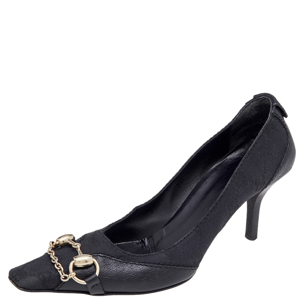 luxury-women-gucci-used-shoes-p586818-004-2 Gucci Black GG Canvas And Leather Horsebit Pumps Size 37.5