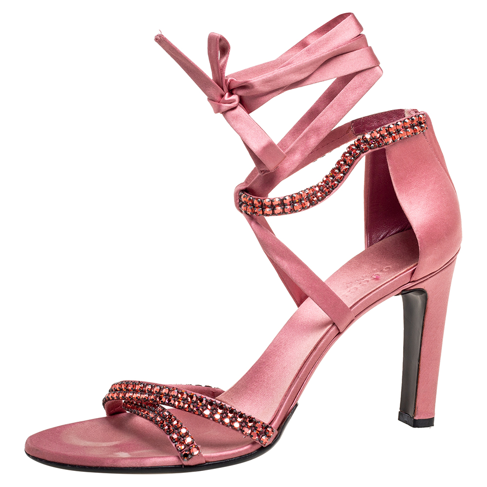 luxury-women-gucci-used-shoes-p594969-003-2 Gucci Pink Satin Crystal Embellished Ankle Wrap Sandals Size 38.5