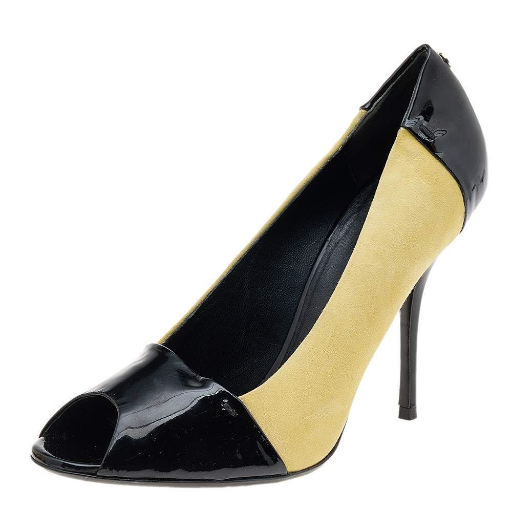 luxury-women-gucci-used-shoes-p595856-006-1 Gucci Black/Yellow Patent Leather And Suede Peep Toe Pumps Size 38.5