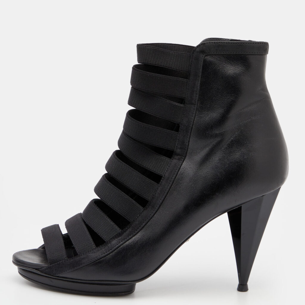 luxury-women-gucci-used-shoes-p624002-002-2 Gucci Black Elastic And Leather Isadora Gladiator Booties Size 37