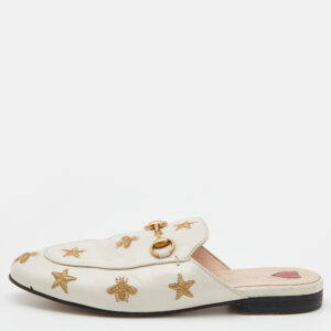 Gucci White Star And Bee Embroidered Leather Princetown Horsebit Flat Mules Size 35