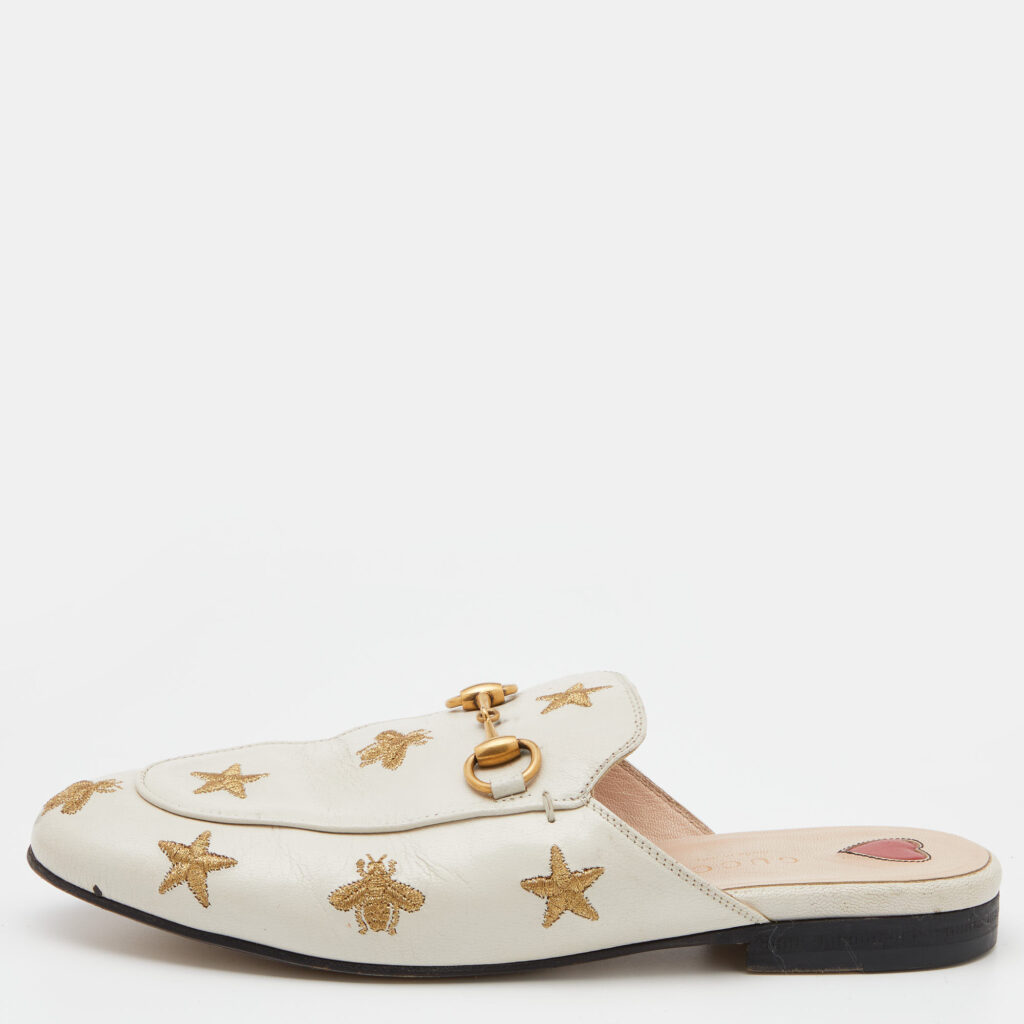 luxury-women-gucci-used-shoes-p624203-002-2 Gucci White Star And Bee Embroidered Leather Princetown Horsebit Flat Mules Size 35