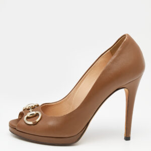 Gucci Brown Leather Horsebit Peep Toe Pumps Size 36