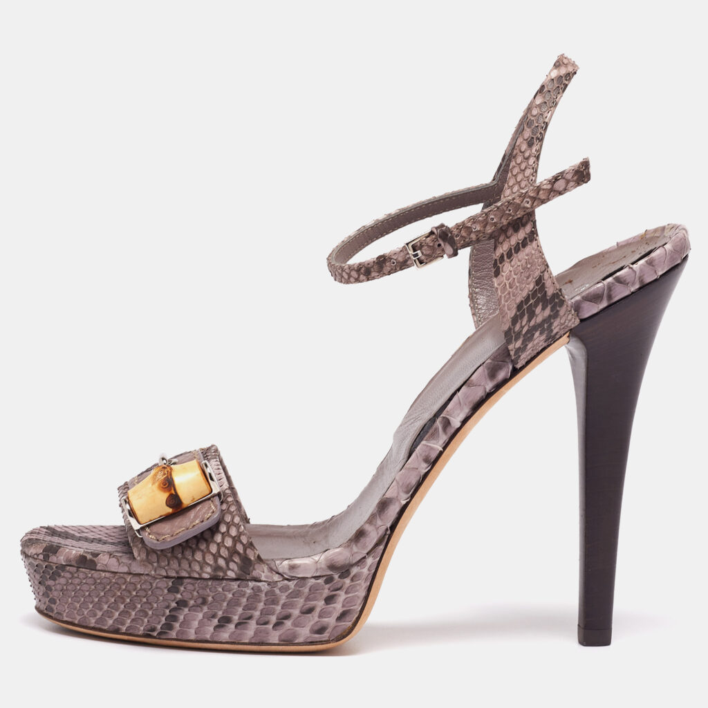 luxury-women-gucci-used-shoes-p635272-003-2 Gucci Purple/Brown Python Leather Bamboo Ankle Straps Platform Sandals Size 37