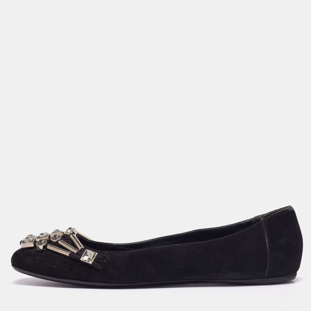 luxury-women-gucci-used-shoes-p638397-010-2 Gucci Black Suede Crystal Embellished Ballet Flats Size 39