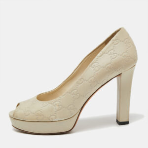Gucci Off White Guccissima Leather Peep Toe Platform Pumps Size 37.5