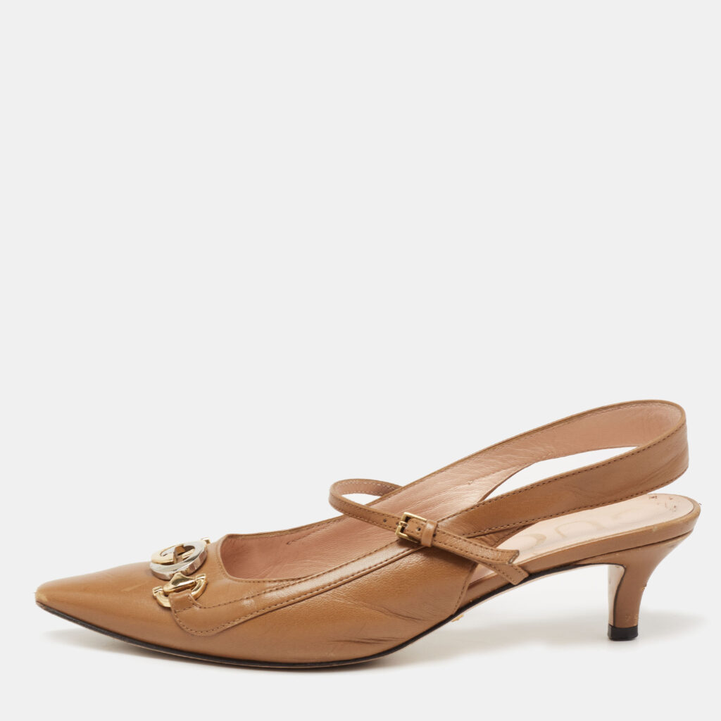luxury-women-gucci-used-shoes-p641499-003-2 Gucci Brown Leather Interlocking G Horsebit Zumi Slingback Pumps Size 36.5