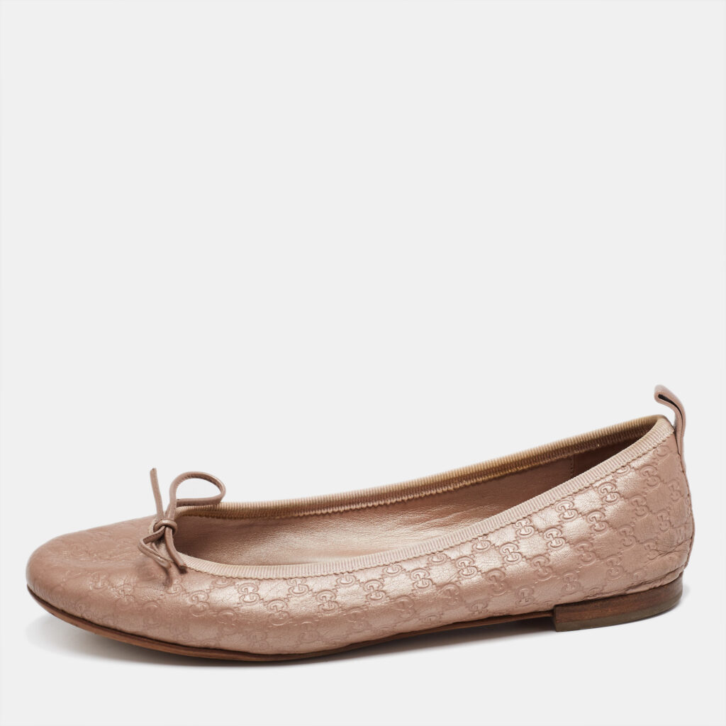luxury-women-gucci-used-shoes-p643389-001-1 Gucci Metallic Rose Gold Guccissima Leather Bow Detail Ballet Flats Size 35