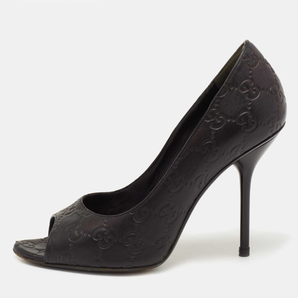 luxury-women-gucci-used-shoes-p643400-003-2 Gucci Black Guccissima Leather Open Toe Pumps Size 38
