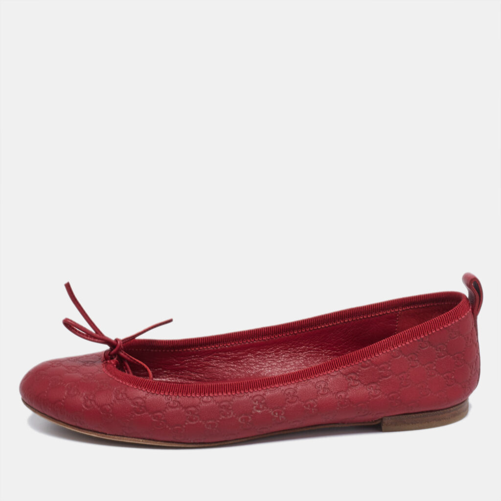 luxury-women-gucci-used-shoes-p646558-003-2 Gucci Red Microguccissima Leather Bow Detail Ballet Flats Size 35.5
