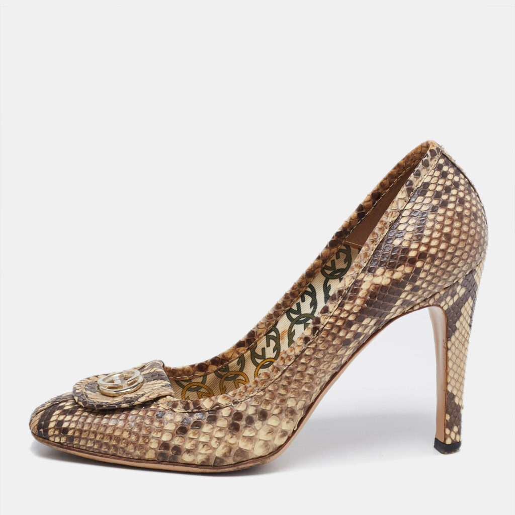 luxury-women-gucci-used-shoes-p647449-004 Gucci Brown/Beige Python GG Square Toe Pumps Size 39