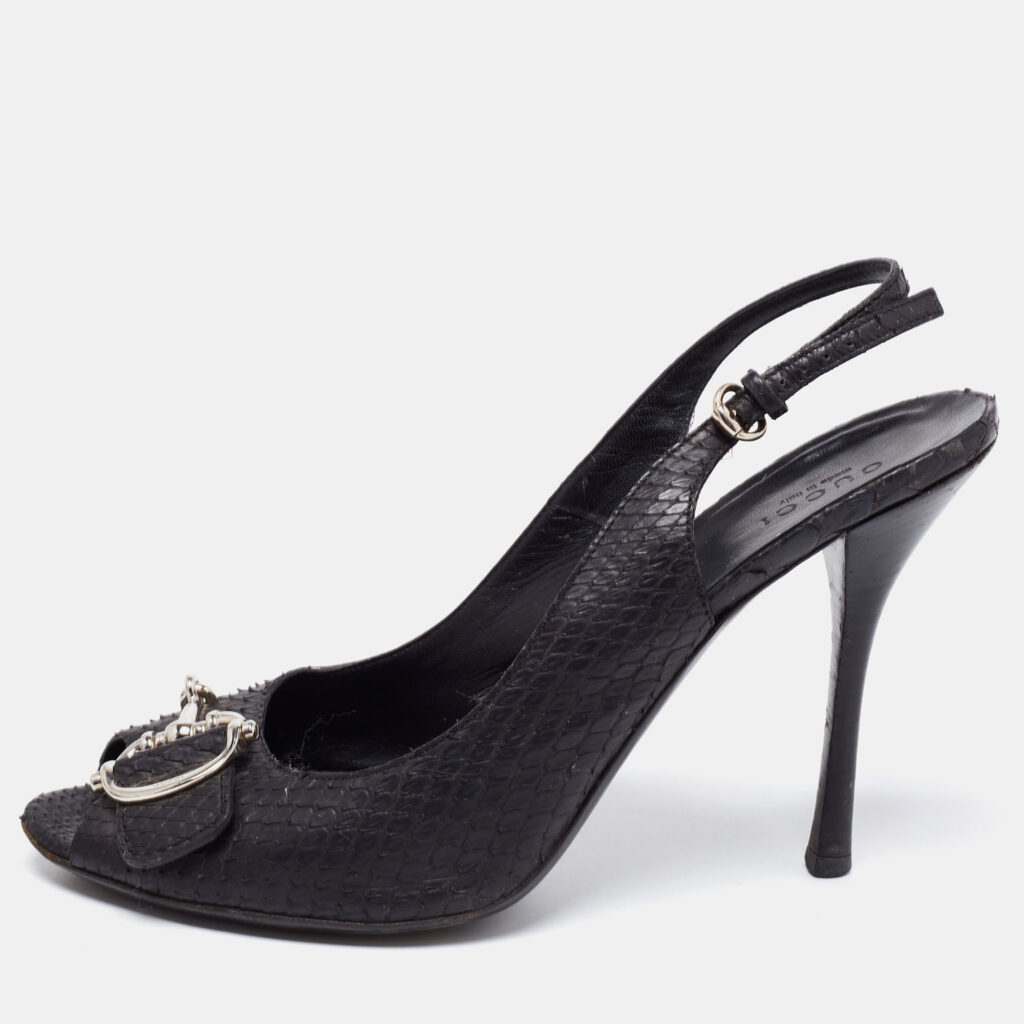 luxury-women-gucci-used-shoes-p652100-010-2 Gucci Black Python Leather Icon Bit Peep-Toe Slingback Sandals Size 39.5