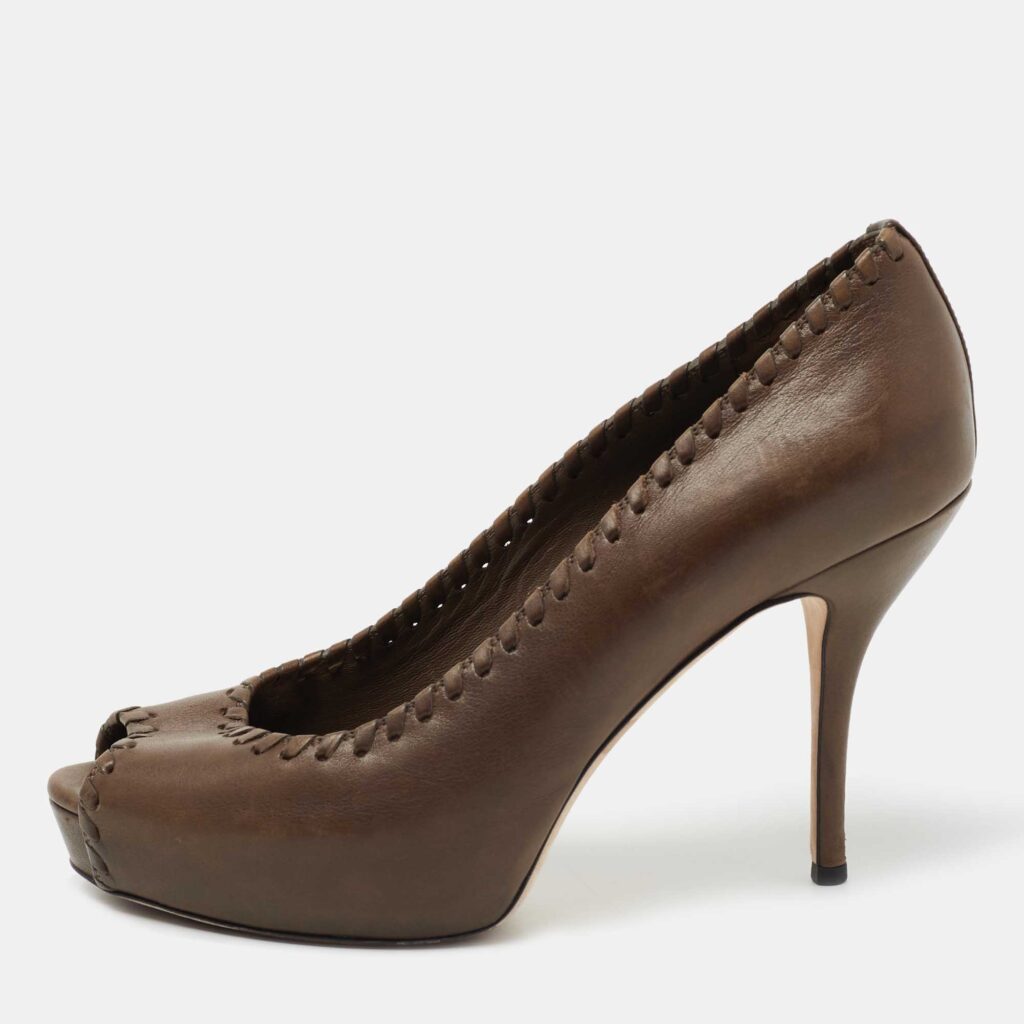 luxury-women-gucci-used-shoes-p712819-003-1 Gucci Brown Leather Whipstitch Peep Toe Platform Pumps Size 38