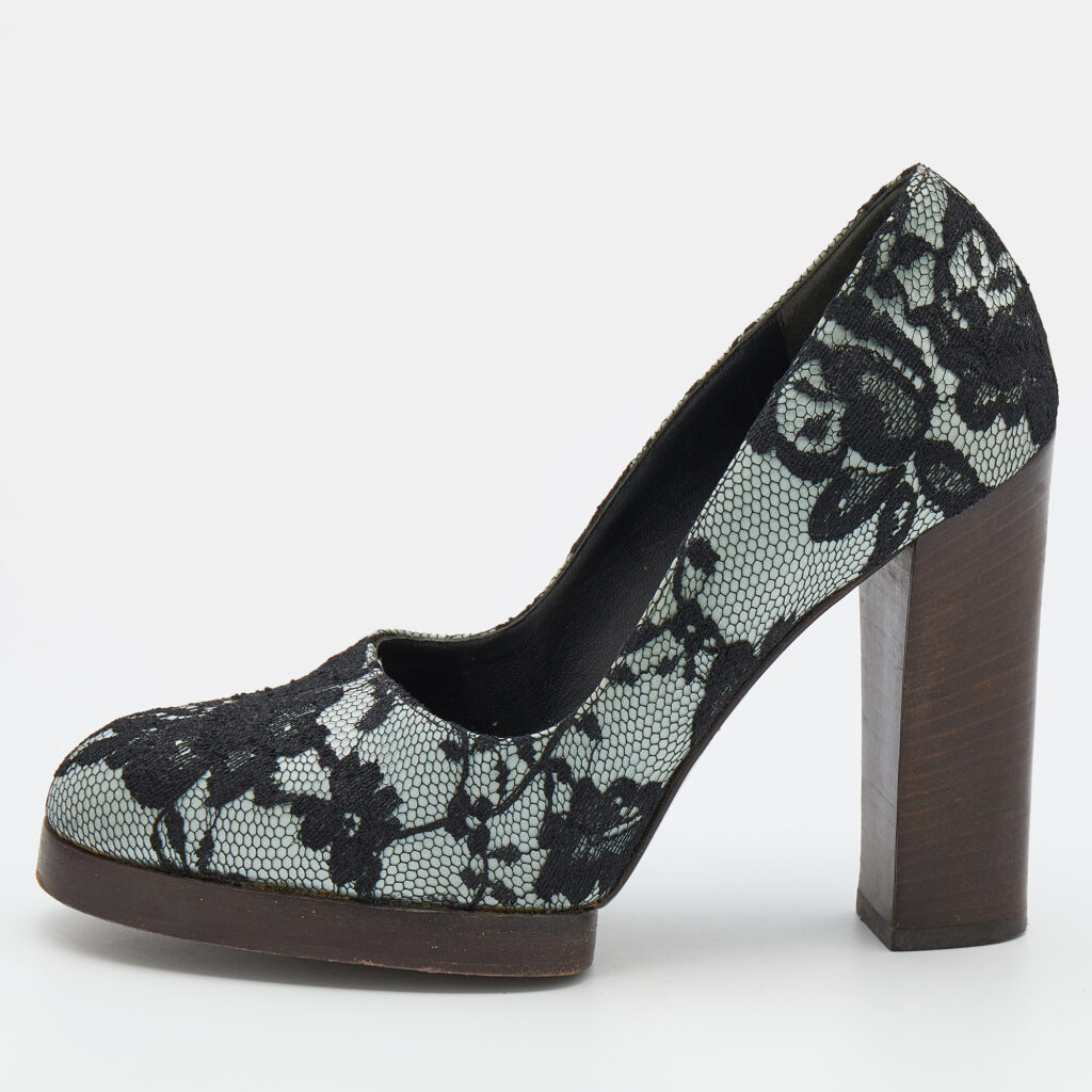 luxury-women-gucci-used-shoes-p712890-003-1 Gucci Black/Grey Floral Lace And Satin Block Heel Pumps Size 36