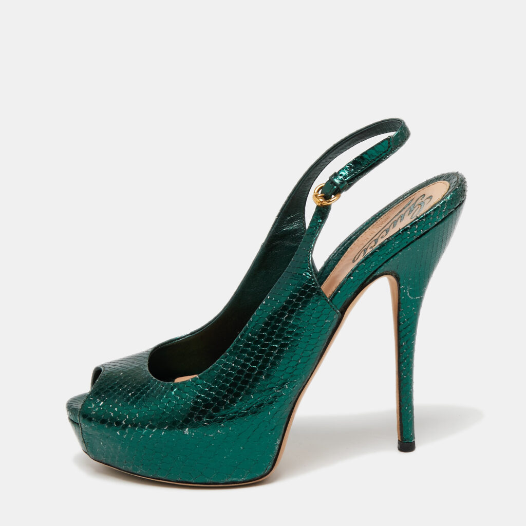 luxury-women-gucci-used-shoes-p714309-001-1 Gucci Metallic Green Snakeskin Embossed Leather Sofia Platform Slingback Sandals Size 36.5