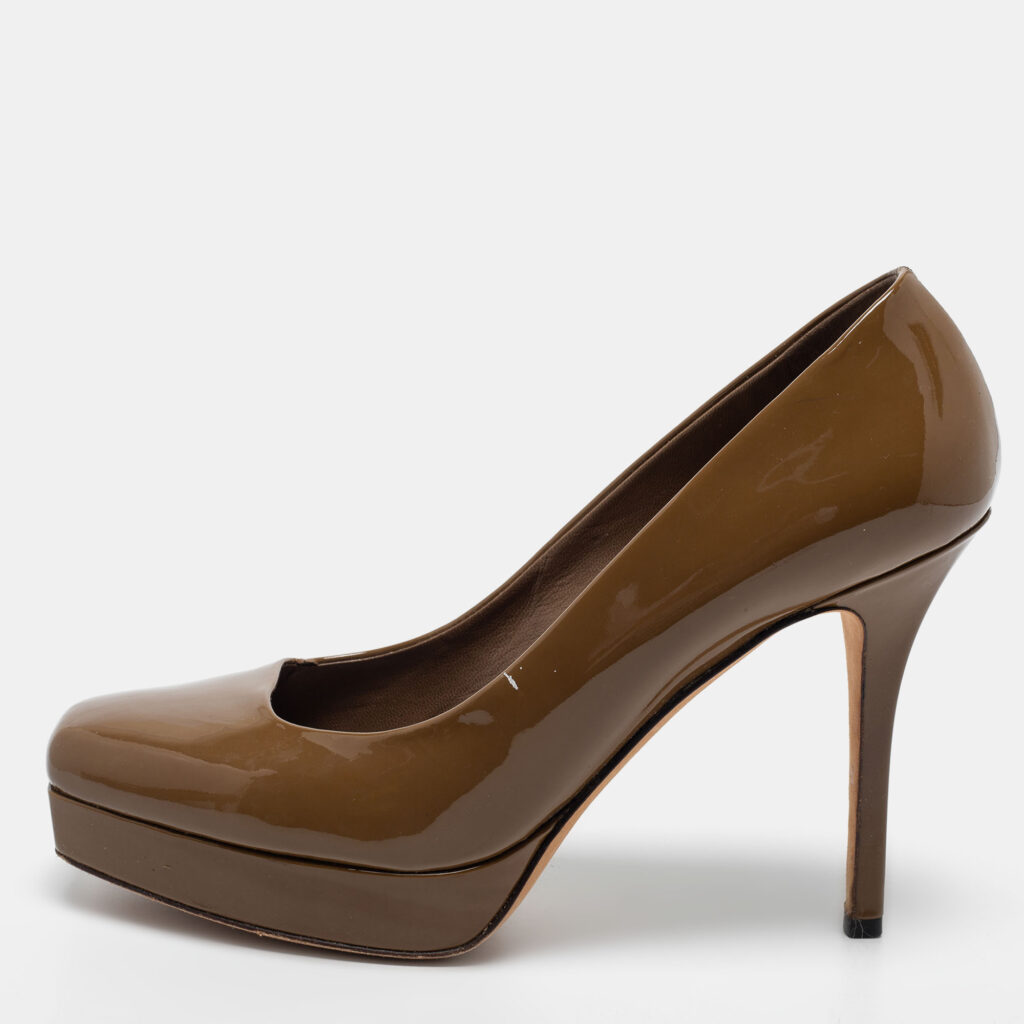 luxury-women-gucci-used-shoes-p722277-010 Gucci Olive Green Patent Leather Tile Square Toe Platform Pumps Size 39
