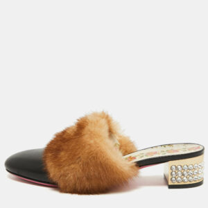 Gucci Black Leather and Mink Fur Candy Embellished Mules Size 36