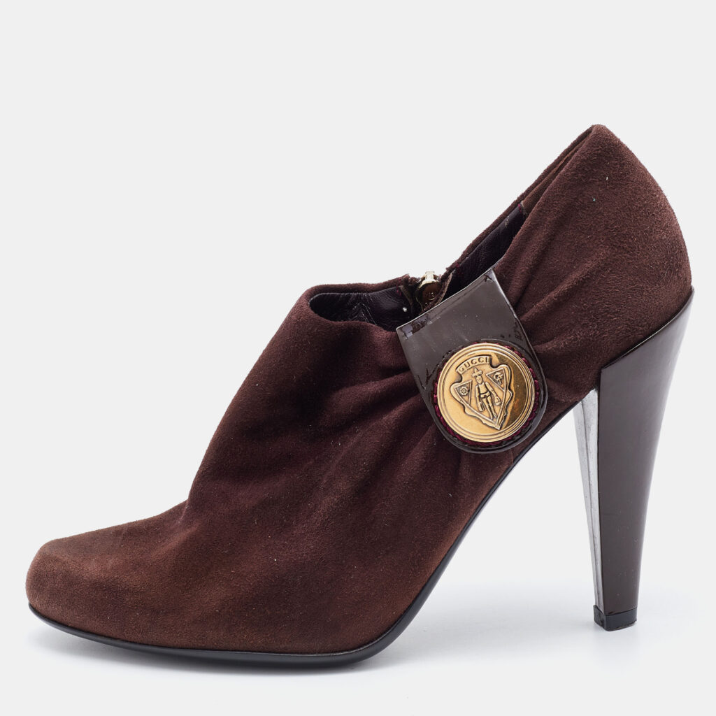 luxury-women-gucci-used-shoes-p784674-010 Gucci Brown Suede and Patent Leather Hysteria Ankle Booties Size 38
