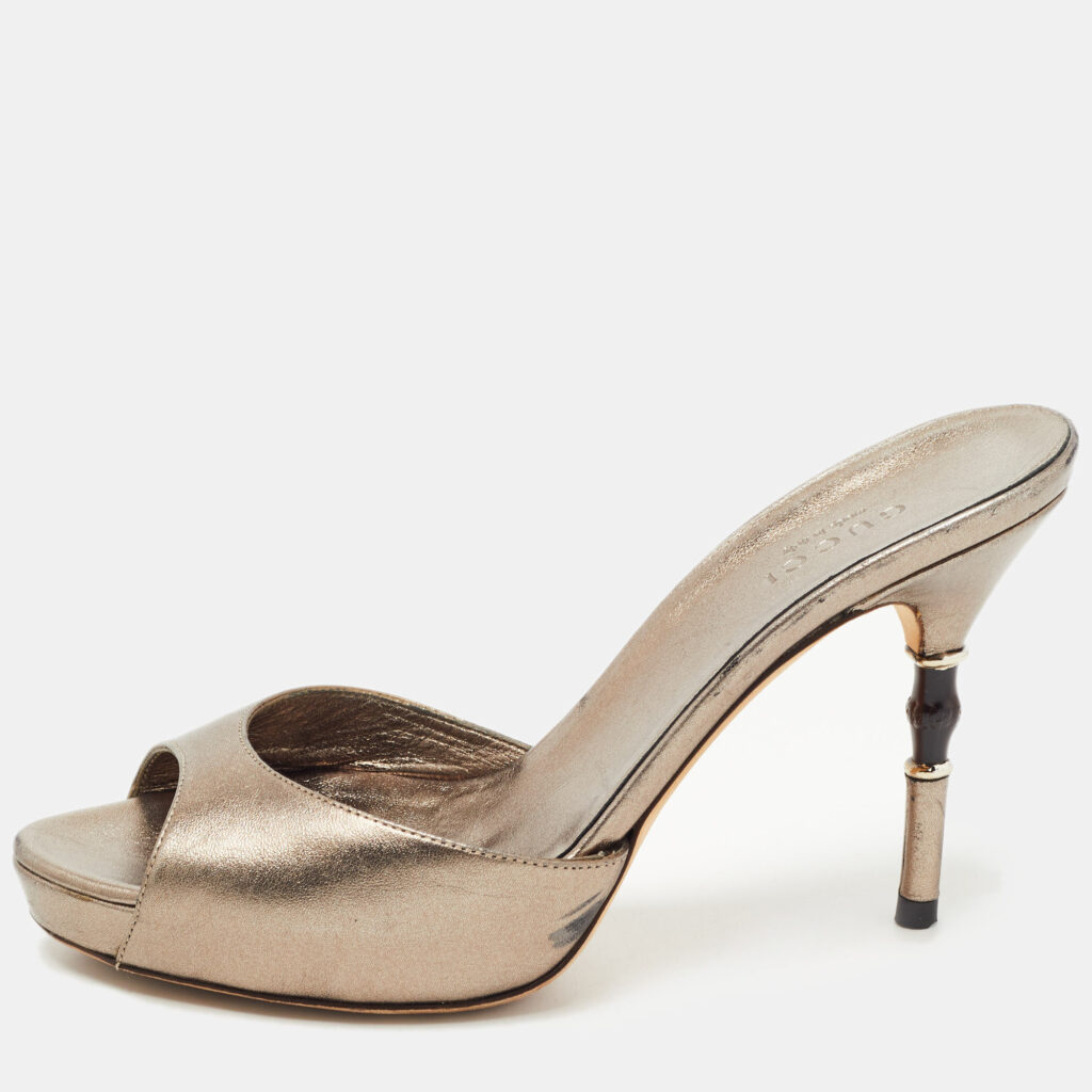 luxury-women-gucci-used-shoes-p784837-001 Gucci Metallic Bronze Leather Slide Sandals Size 35
