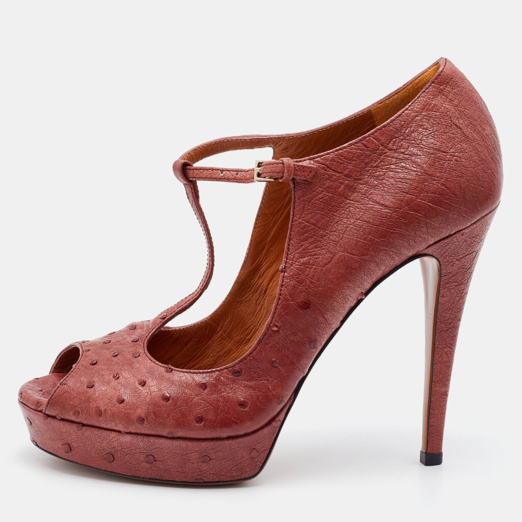 luxury-women-gucci-used-shoes-p785126-010 Gucci Rust Ostrich Betty T-Strap Platform Pumps Size 38