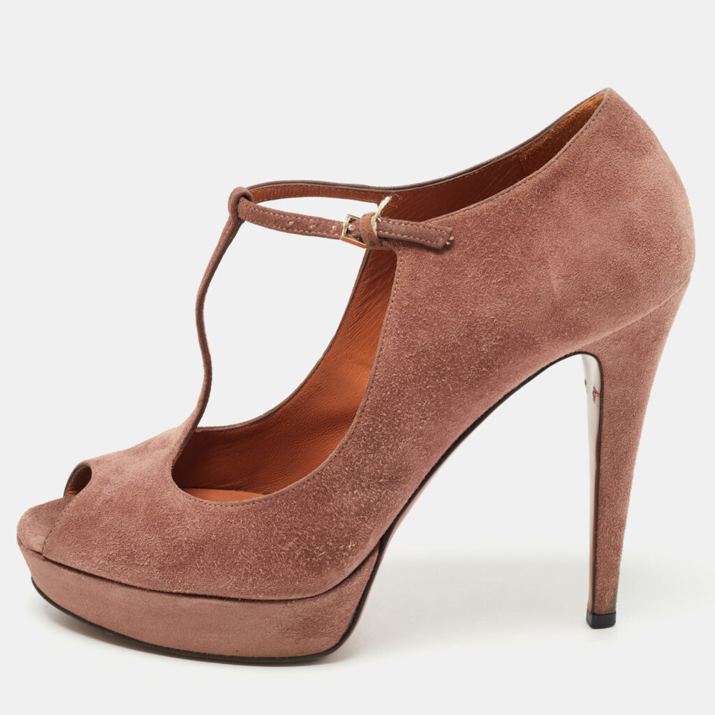 luxury-women-gucci-used-shoes-p785823-003 Gucci Pink Suede Peep Toe Platform T-Strap Pumps Size 39