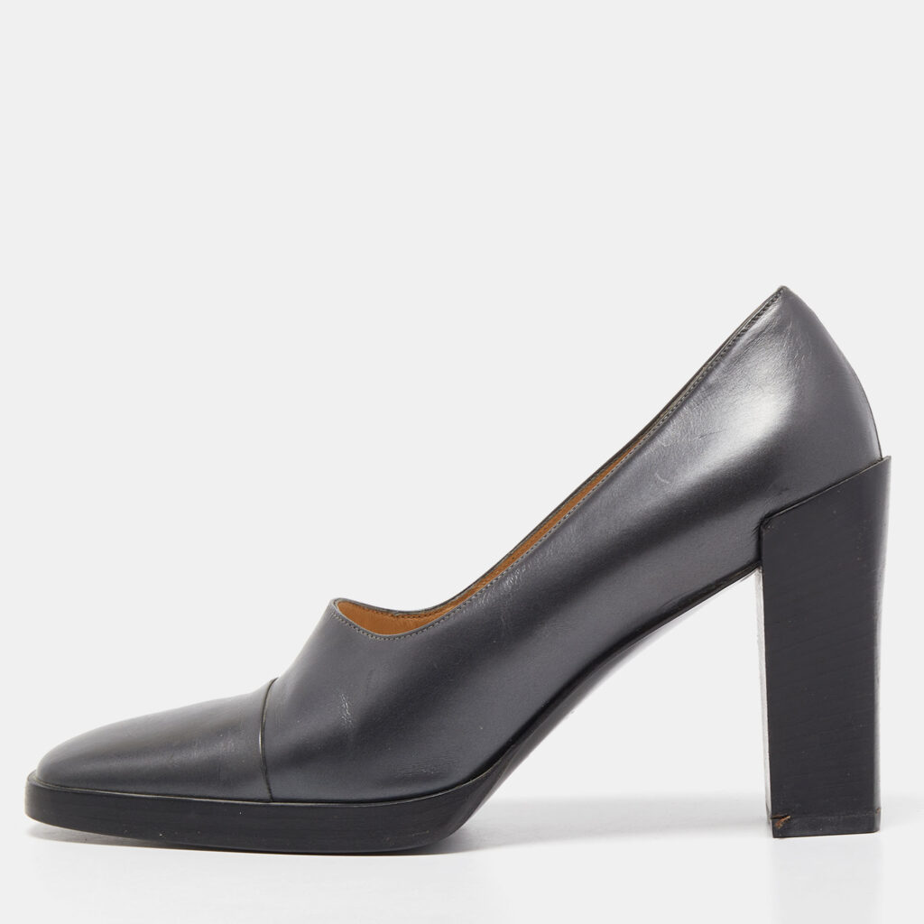 luxury-women-gucci-used-shoes-p788215-012 Gucci Dark Grey Leather Square Toe Platform Pumps Size 37