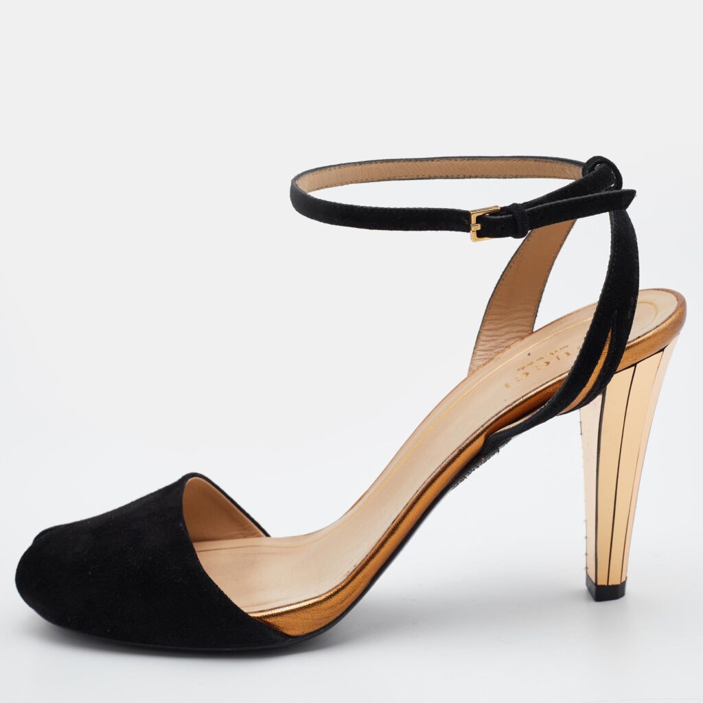 luxury-women-gucci-used-shoes-p796046-009 Gucci Black Suede Ankle Strap Peep Toe Sandals Size 37.5
