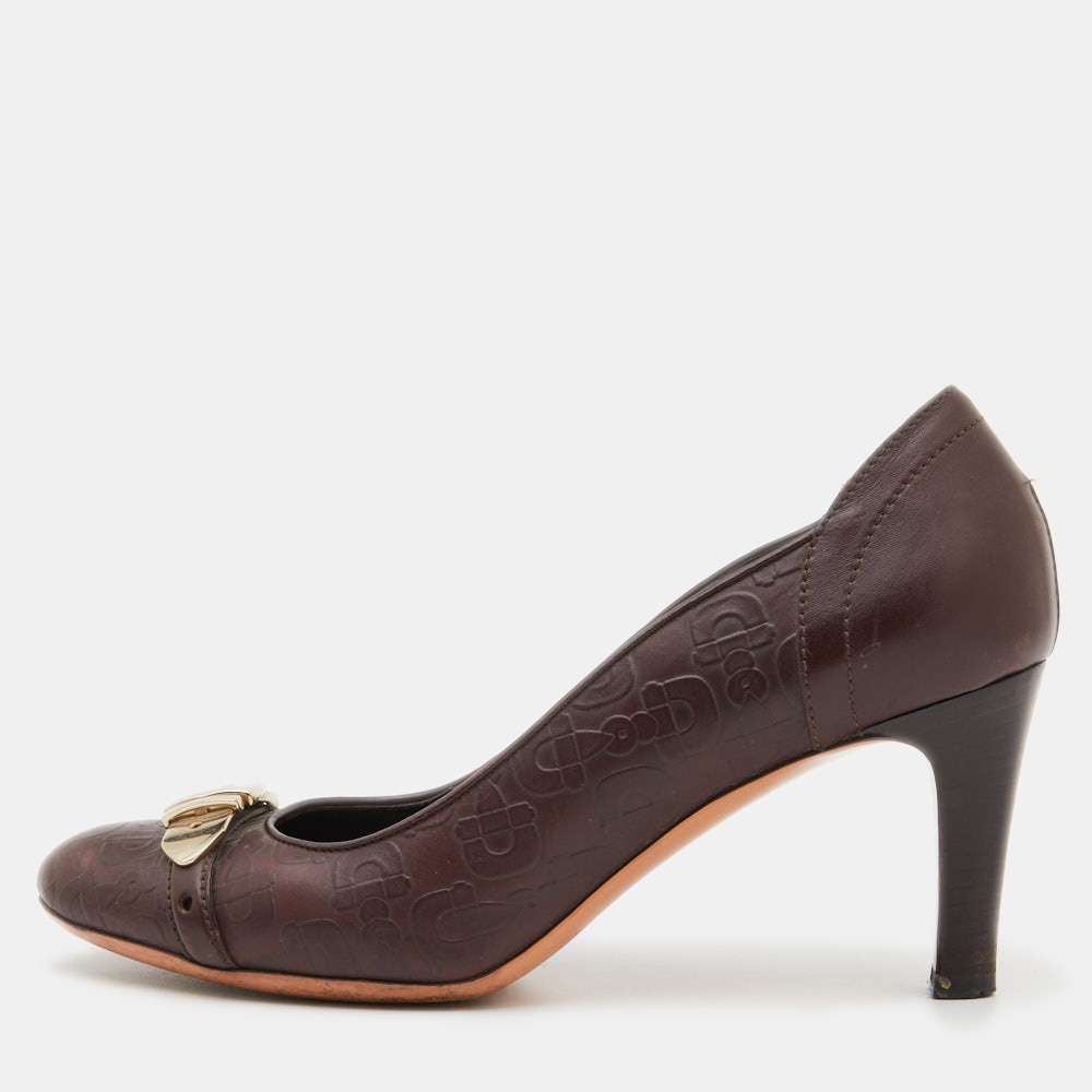 luxury-women-gucci-used-shoes-p797107-001 Gucci Brown Embossed Leather Buckle Pumps Size 37