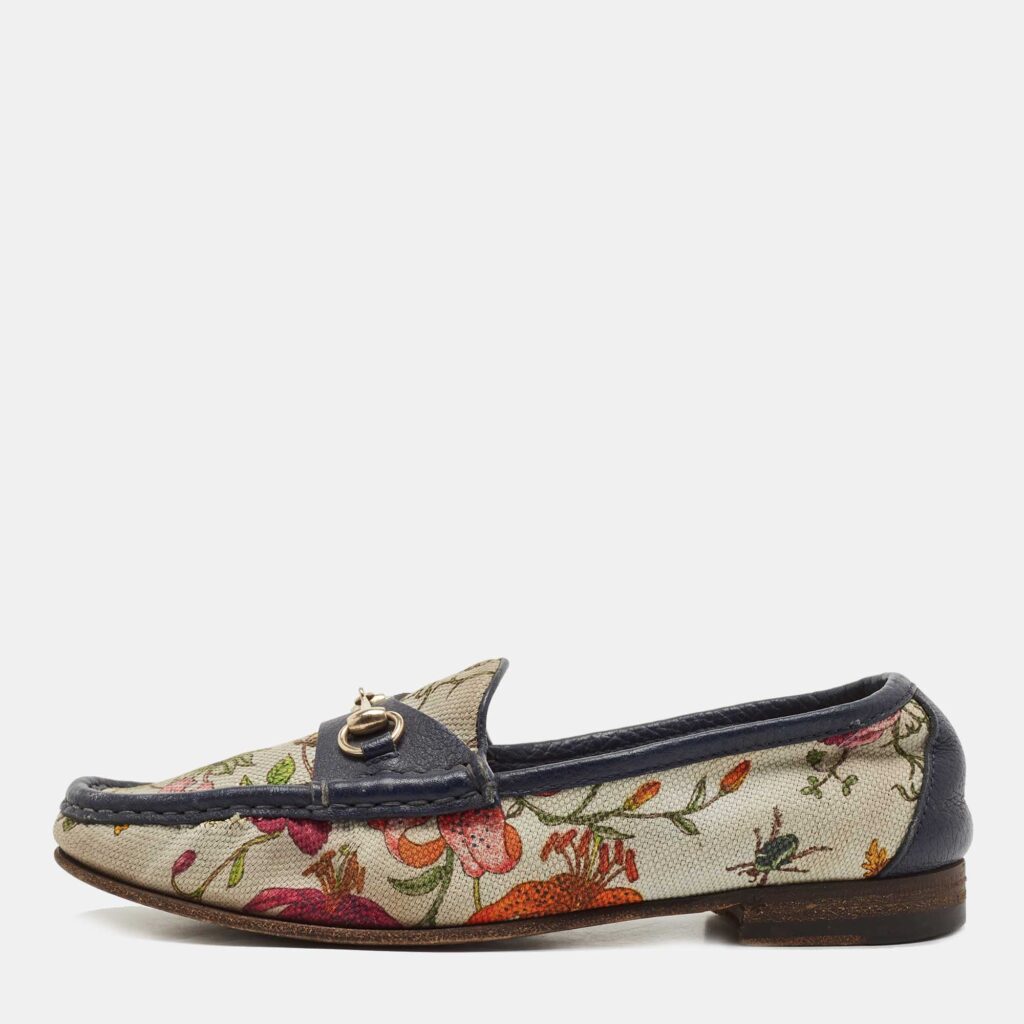 luxury-women-gucci-used-shoes-p801557-003 Gucci Navy Blue/White Leather and Floral Print Canvas 1953 Horsebit Loafers Size 36