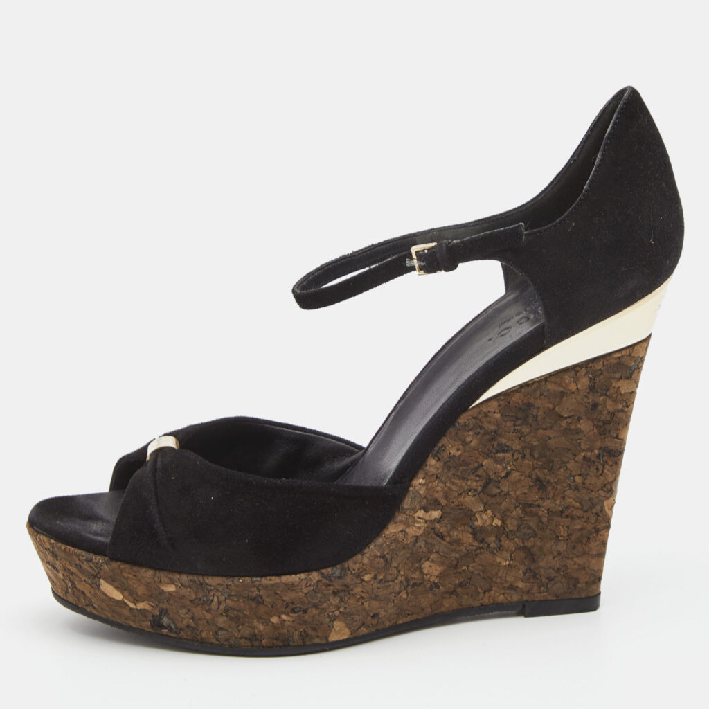 luxury-women-gucci-used-shoes-p805600-011 Gucci Black Suede Cork Wedge Platform Ankle Strap Sandals Size 37.5