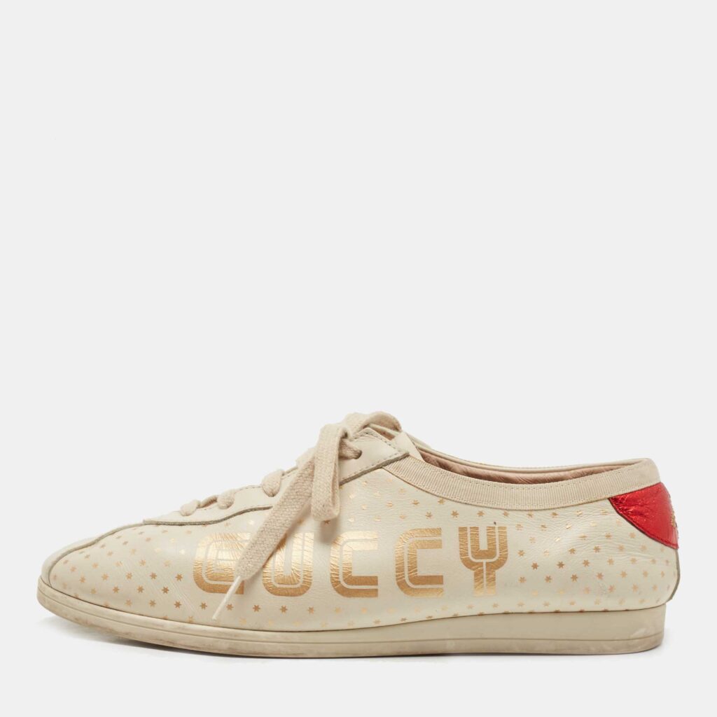 luxury-women-gucci-used-shoes-p808703-003 Gucci Beige Leather Falacer Guccy Sneakers Size 37
