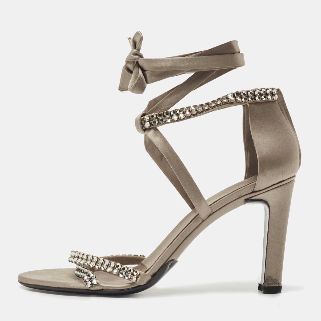 luxury-women-gucci-used-shoes-p810051-001 Gucci Grey Satin Crystal Embellished Ankle Wrap Sandals Size 37.5