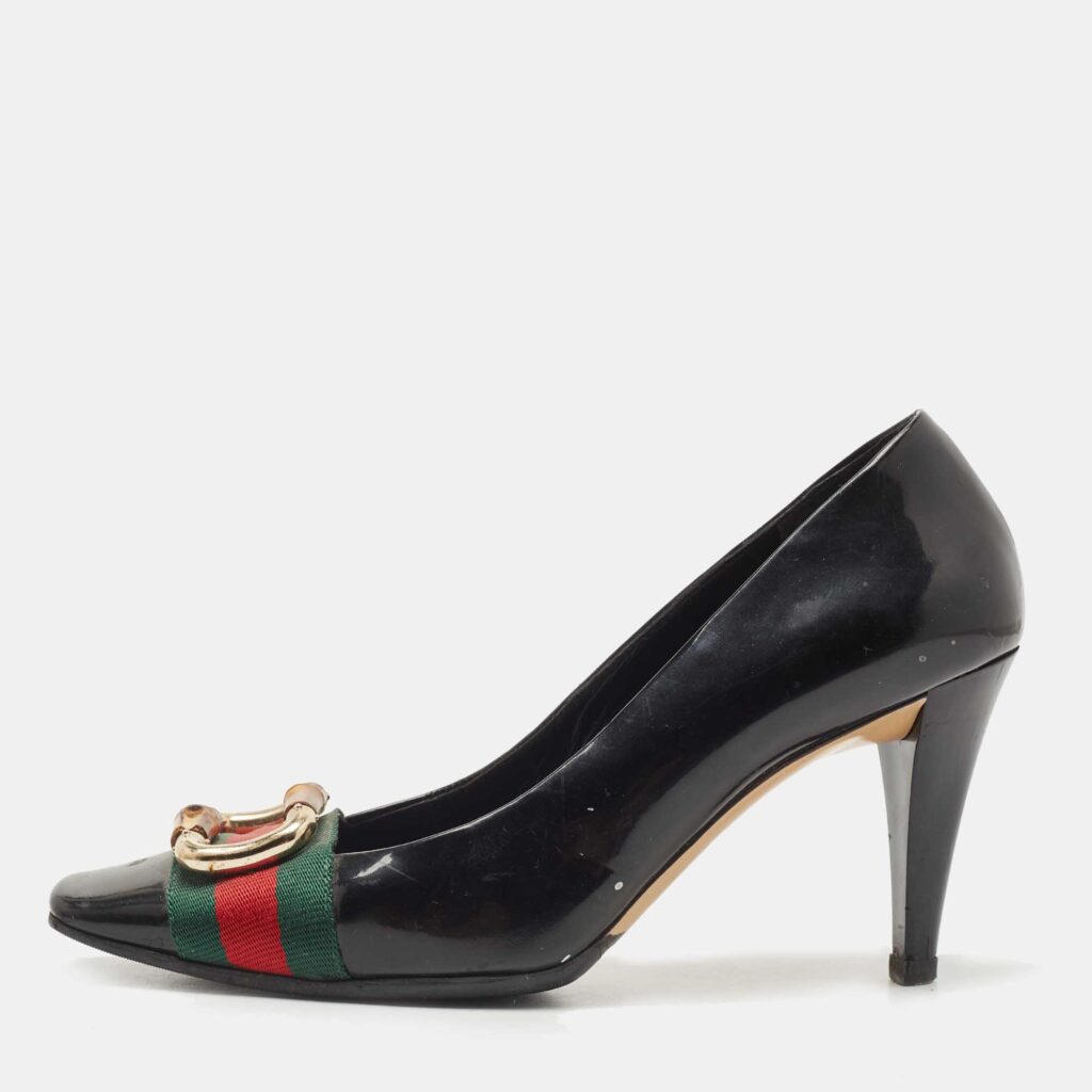 luxury-women-gucci-used-shoes-p811571-003 Gucci Black Patent Leather and Canvas Web Bamboo Buckle Pumps Size 36