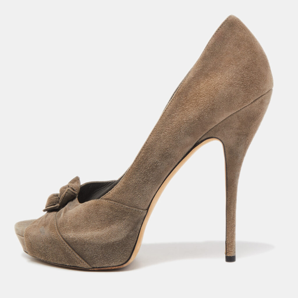 luxury-women-gucci-used-shoes-p811574-001 Gucci Grey Suede Double Bow Peep Toe Pumps Size 40.5