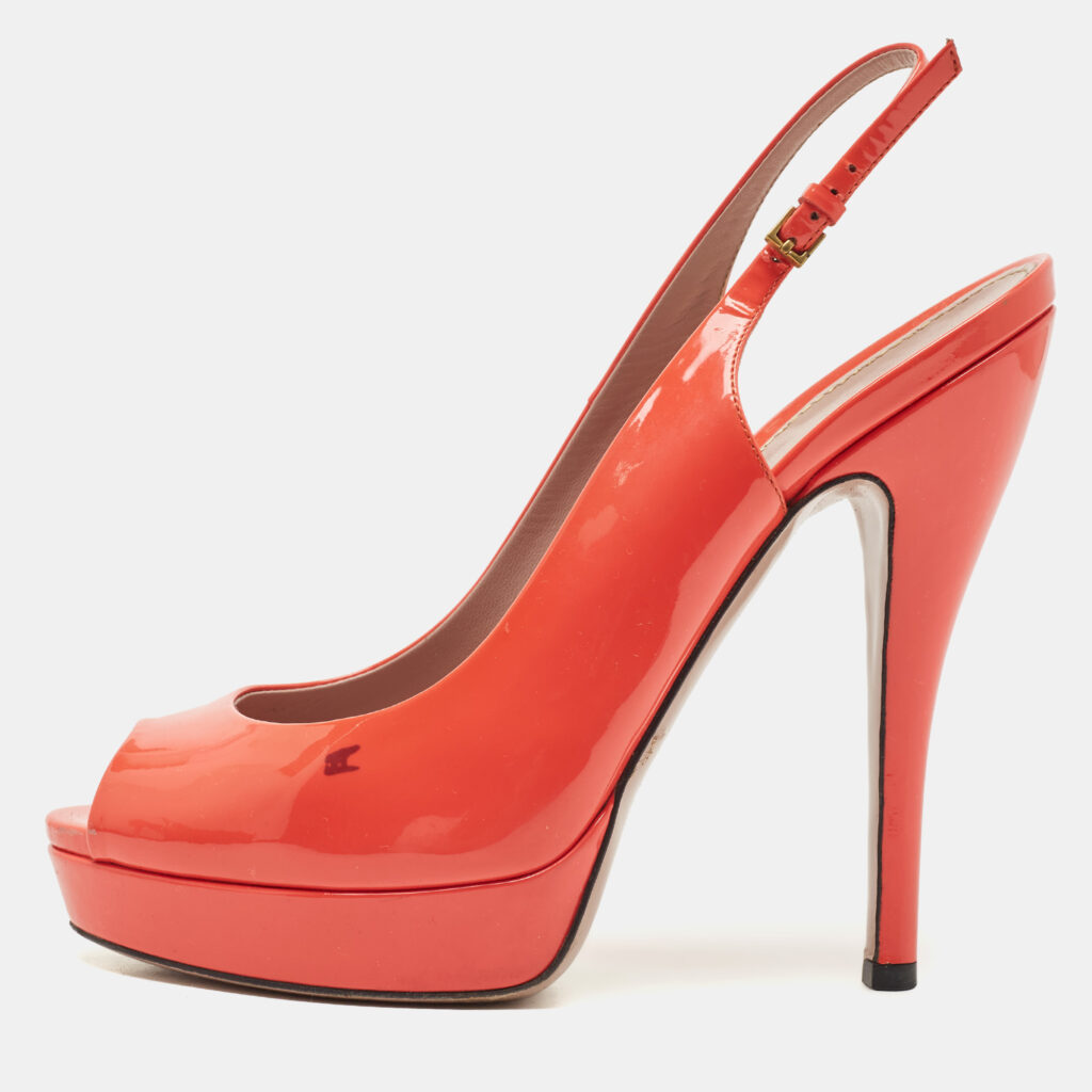 luxury-women-gucci-used-shoes-p839153-004 Gucci Orange Patent Leather Peep Toe Platform Pumps Size 39