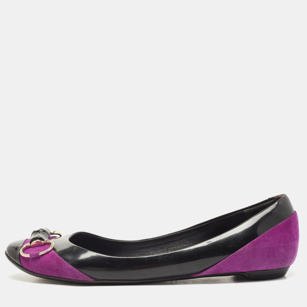 luxury-women-gucci-used-shoes-p846007-007 Gucci Purples/Black Patent Leather And Suede Bamboo Horsebit Ballet Flats Size 39.5