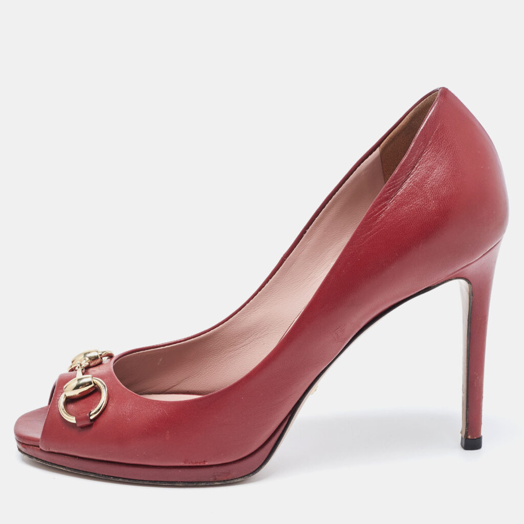 luxury-women-gucci-used-shoes-p848102-011 Gucci Burgundy Leather Jolene Peep Toe Pumps Size 37.5