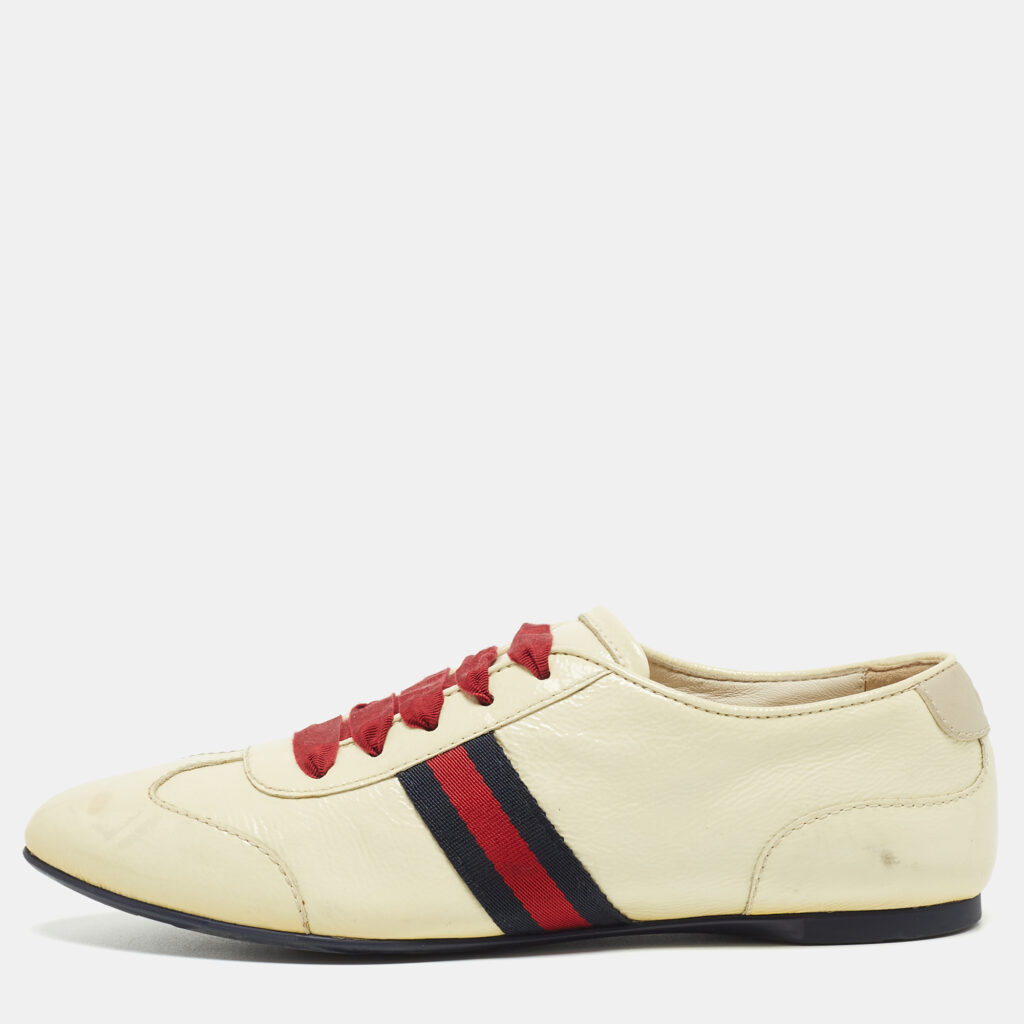 luxury-women-gucci-used-shoes-p859799-004 Gucci Cream Patent Leather Web Lace Up Sneakers Size 35
