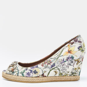Gucci Multicolor Floral Print Canvas Horsebit Peep Toe Wedge Pumps Size 39