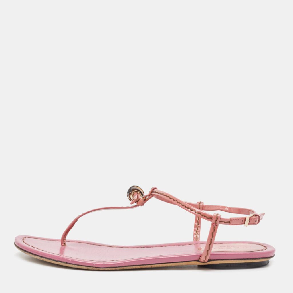 Gucci Purple Patent Bamboo Accent T strap Sandals Size 36