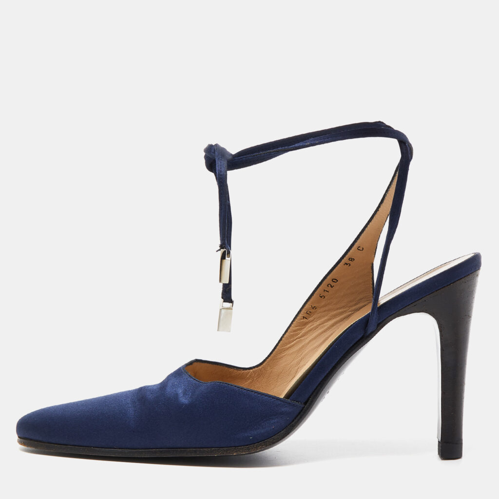 luxury-women-gucci-used-shoes-p873417-001 Gucci Navy Blue Satin Ankle Tie Pumps Size 38