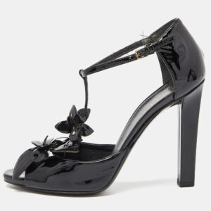 Gucci Black Patent Leather Applique T Strap Sandals Size 36.5