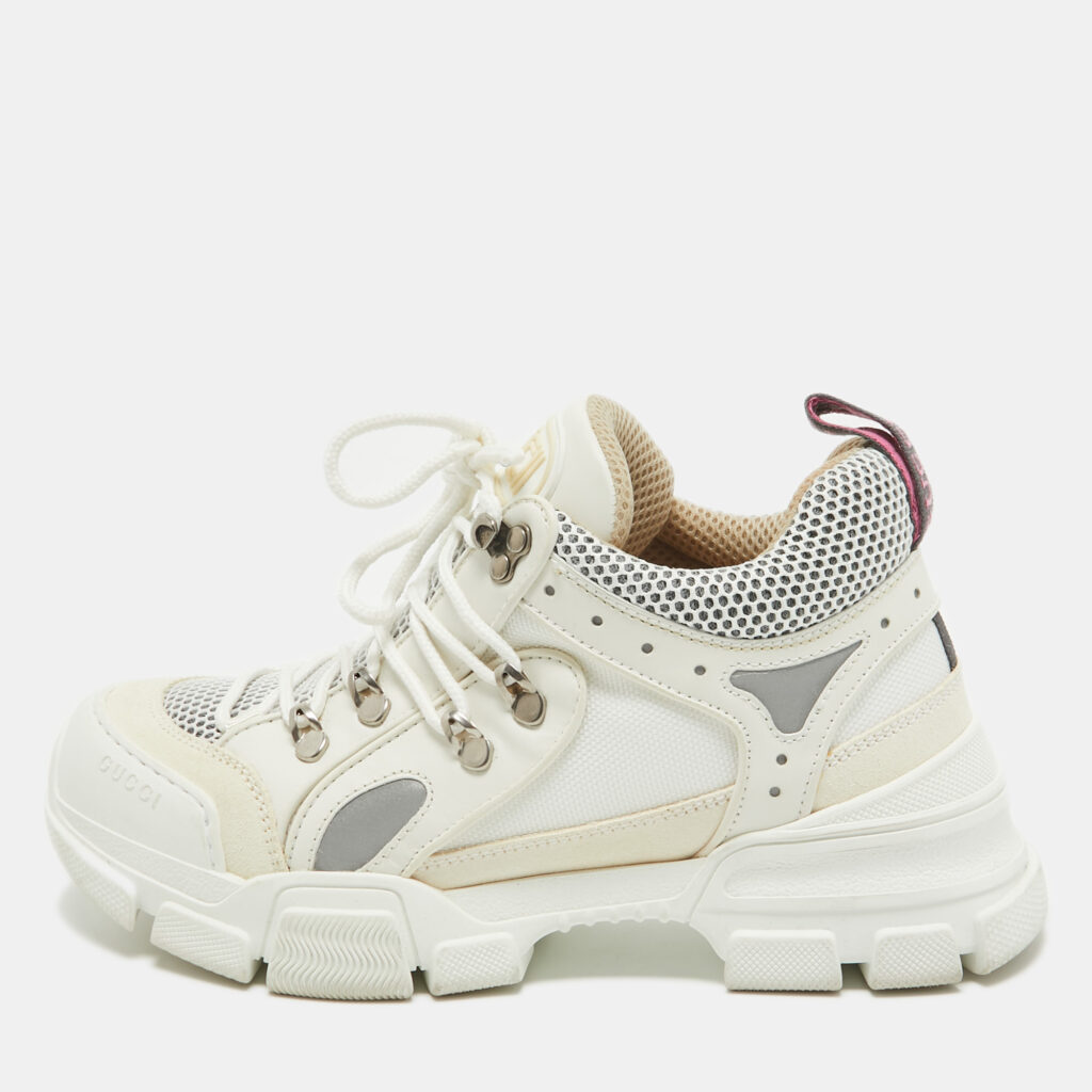 luxury-women-gucci-used-shoes-p917779-001 Gucci White/Cream Canvas Leather Flashtrek Sneakers Size 39.5