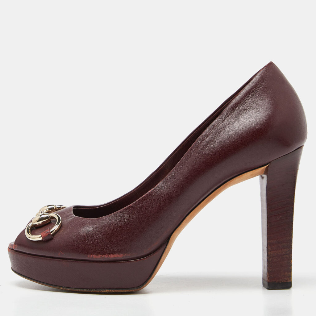 luxury-women-gucci-used-shoes-p917997-010 Gucci Burgundy Leather Horsebit Peep Toe Platform Pumps Size 37