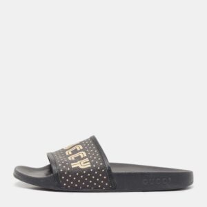Gucci Black Leather and Canvas Guccy Flat Slides Size 40